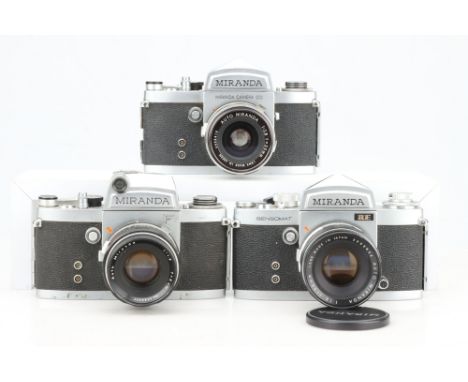 Three Miranda SLR Cameras, including F and Sensormat RE, each with standard lenses, bodies overall, F-G, shutters working, le