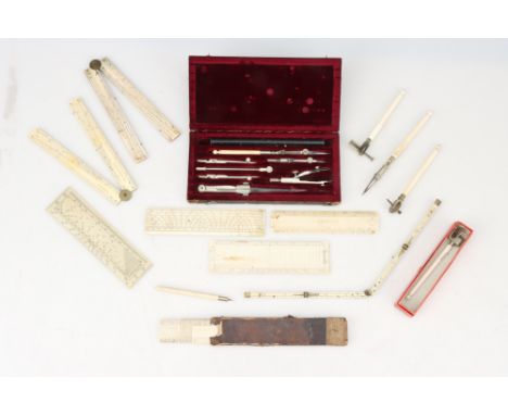 A Good Collection of Ivory Drawing Instruments, [CITES], 19th century, including three opisometers, two sectors, one by Willi