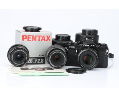 A Pentax MG SLR Camera, complete with Pentax-A f/1.7 50mm, Pentax-M f/2.8 28mm and Pentax-M f/4 50mm, body, VG, shutter worki