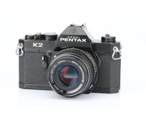 A Pentax K2 SLR Camera, black, with Pentax-M f/1.7 50mm lens, body, G, shutter fires without batteries, lens, VG