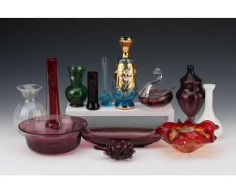 A Group of Coloured Glass, including Murano, vintage amethyst glass items, Ditchfield, and a Tajimi Japanese crane case retai