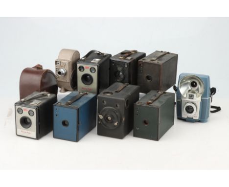 A Selection of Box Type Cameras, to include a blue Kodak No.2 Brownie, a green Kodak No.2 Brownie, a black No.2 Brownie, a Ko