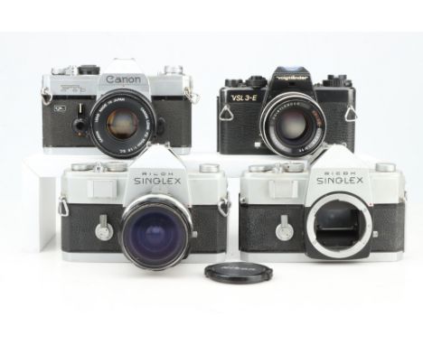 Three SLR Cameras, including Canon FTb QL, Voigtlander VSL 3-E and Ricoh Singlex, all with standard lenses, bodies overall, F