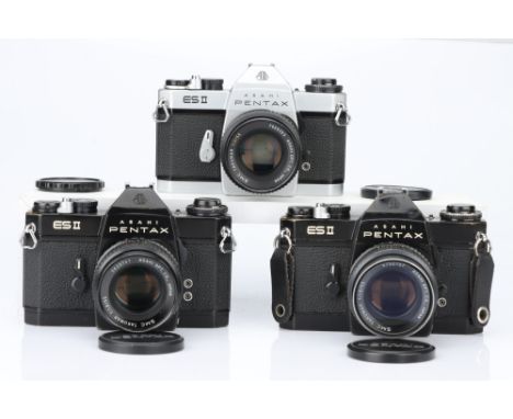 Three Asahi Pentax ES II Cameras, two black one chrome, each with standard lenses, bodies overall, G-VG, shutters working, le