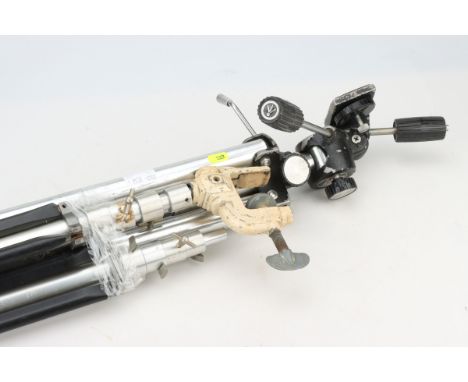 A Large Tripod, together with two lighting stands with clamp style accessories,