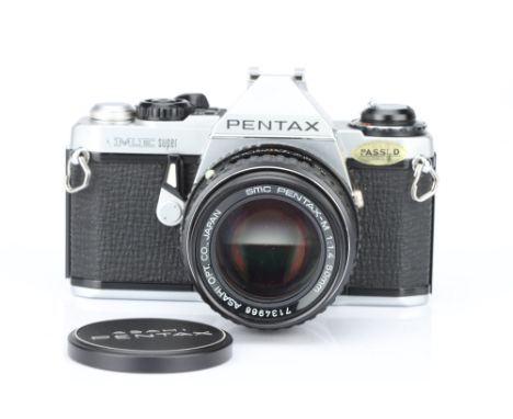 A Pentax ME Super SLR Camera, chrome, with Pentax-M f/1.4 50mm lens, body, G, shutter working, lens, VG-E