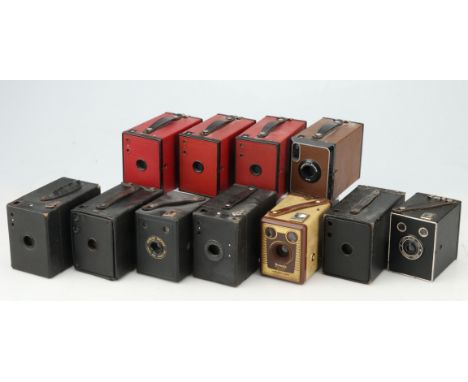 A Selection of Box Type Cameras, to include three red Kodak No.2 Brownies, a Kodak Portrait Brownie No.2, a Kodak No.2 Browni