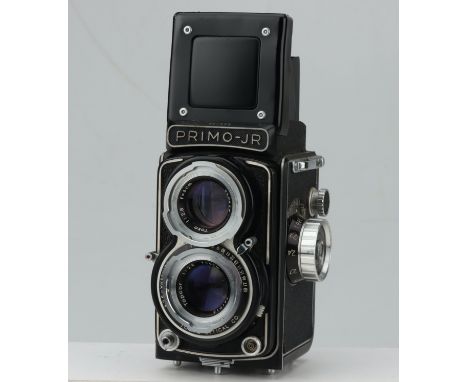 A Tokyo Kogaku Primo Junior 4x4 TLR Camera, black, with Topcor f/2.8 60mm lens, body, VG, shutter working, lens, G, some clea