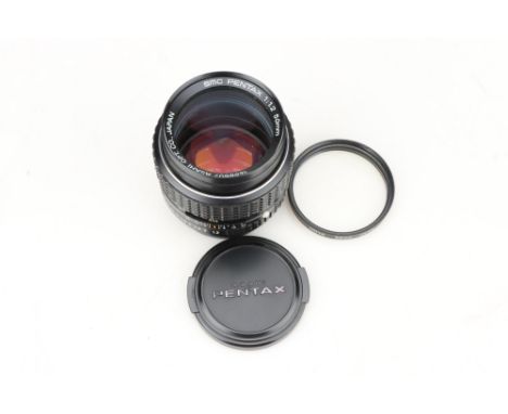 An Asahi Pentax f/1.2 50mm Lens, black, serial no. 1458607, body, E, elements, VG, some very very light whispy internal fungu