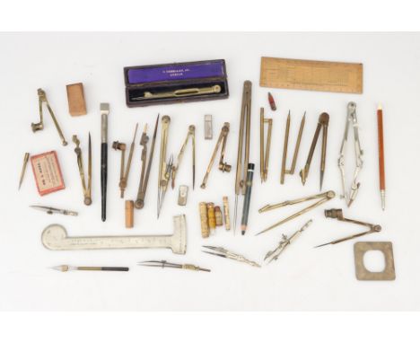 An Interesting Collection of Drawing Instruments, including a Napier compass, pocket folding dividers, brass and steel nautic