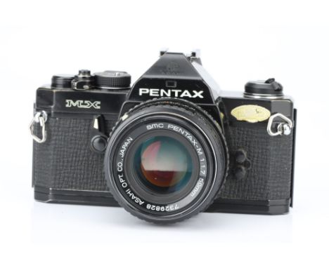 A Penax MX SLR Camera, black, with Pentax-M f/1.7 50mm lens, body, G, shutter working, lens, VG, one tiny internal mark