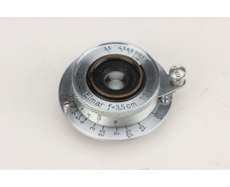 A Leitz Elmar f/3.5 35mm Lens, chrome, serial no. 493859, body, G-VG, lacking iris, elements, G, some internal haze
