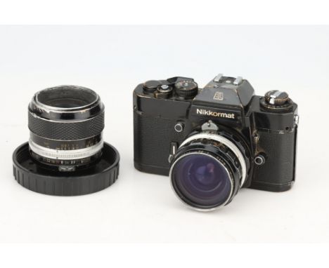 A Nikon Nikkormat EL SLR Camera, black, with Nikkor-H f/3.5 28mm and Micro-Nikkor-P f/3.5 55mm lenses, body, F, shutter fires