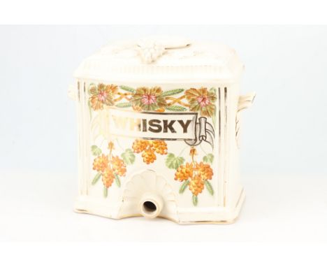 Large Victorian Pub Whisky Jar, English, c.1900, slip cast ceramic with applied detail handpainted floral design to front wit
