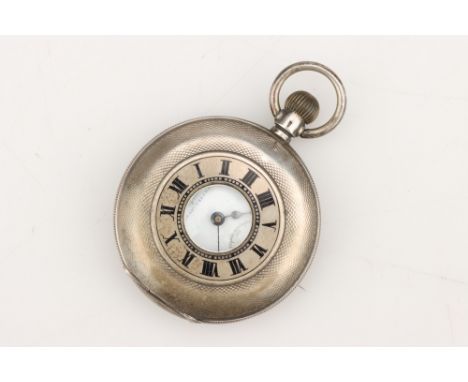 A West End Watch Co. Silver Half Hunter Fob Watch, with crown winder and of small dimensions, the engine turned cover with bl