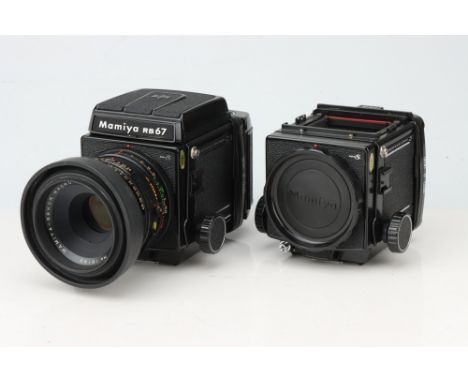 A Mamiya RB67 Pro S Camera, with Mamiya-Sekor Macro C f/4.5 140mm Lens, body, F-G, shutter requires attention, lens, F-G, den