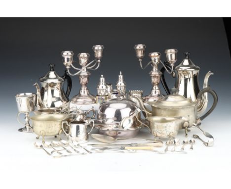 A Collection of Silver Plated Wares, including a four-piece tea and coffee service, a muffin dish, a pair of candelabrum, a 1