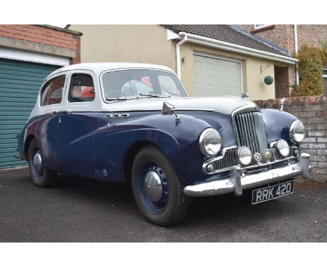 A 1957 Sunbeam Talbot 90 saloon, registration number RRK 420, two tone grey over blue. This rare manual overdrive example has