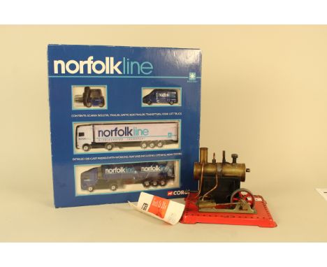A vintage Mamod stationary model steam engine plus boxed Corgi 'Norfolk Line' model trucks and cars