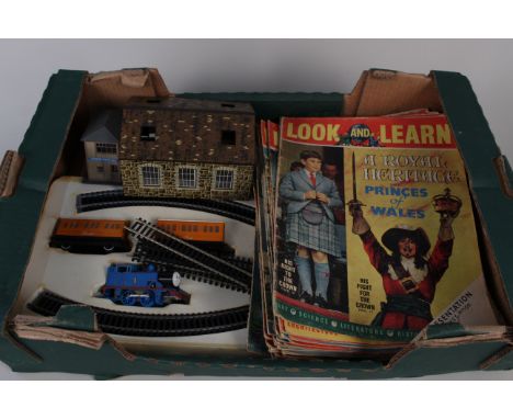 Vintage Hornby Thomas the Tank Engine with track and carriages etc together with a selection of 1960's 'Look and Learn' magaz