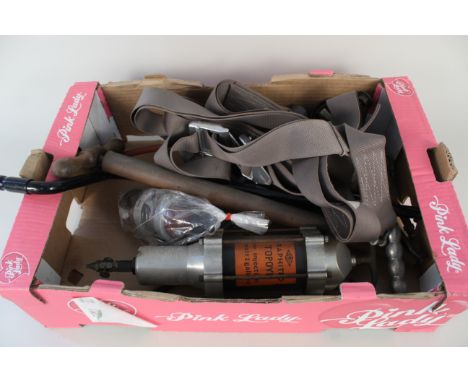 Two boxes containing a quantity of assorted service tools, car parts etc
