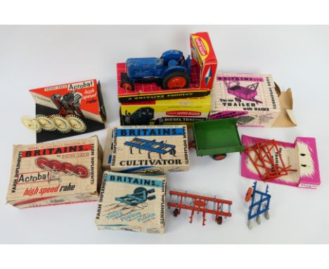 Britains - 5 x boxed models ca 1960's, Fordson Super Major Diesel Tractor # 9525, Acrobat High Speed Rake # 9537, Three Furro