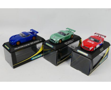 Scalextric - 3 x boxed TVR Speed 12 slot car models, a 2001 Collectors Club car in blue # C2363, a Mobil car in red white and