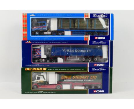 Corgi - Three boxed 1:50 scale Limited Edition diecast trucks from Corgi. Lot consists of Corgi CC12802 Scania T Cab Bulk Tip