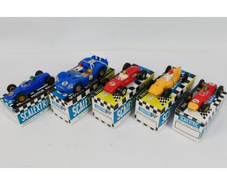 Scalextric - 5 x boxed slot cars, Lotus Junior # C67, Porsche # C86, Javelin # C3, Offenhauser # C80 and a Cooper # C58. All 