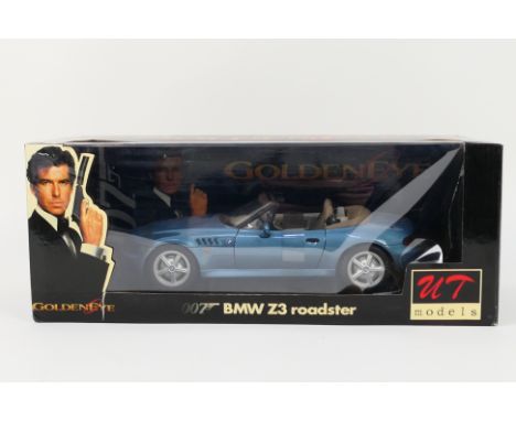 UT Models - A boxed 1:18 scale James Bond 007 'Golden Eye' die-cast vehicle - The #20400 BMW Z3 Roadster comes in light blue 