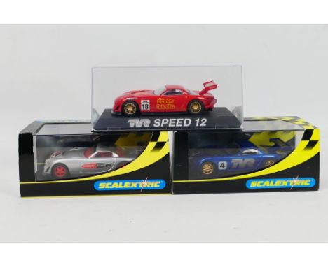 Scalextric - 3 x boxed TVR Speed 12 slot car models, an Export car in blue # C2248, a Demon Tweeks car in red and a Modelzone