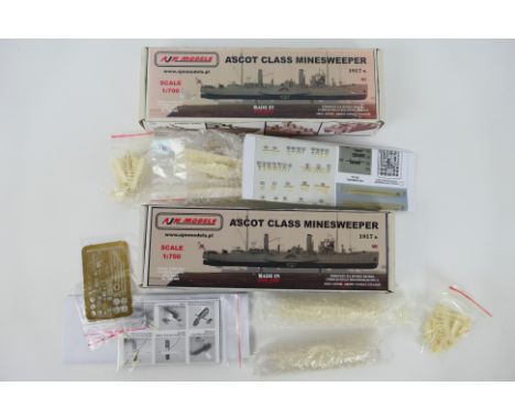 AJM Models - Two boxed 1:700 scale AJM Models #700-001 1917 Ascot Class Minesweeper model kits. The resin and brass kits appe