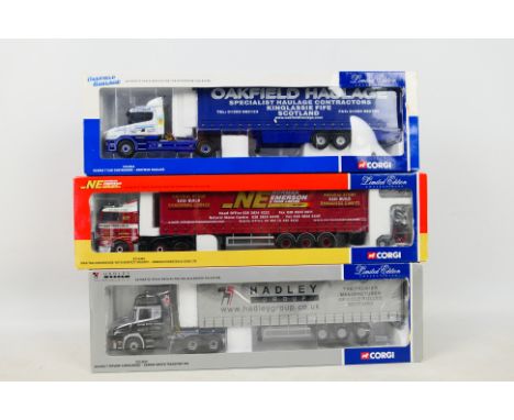 Corgi - A trio of boxed 1:50 scale Limited Edition diecast trucks from Corgi. Lot consists of CC12811 Scania T Cab Curtainsid