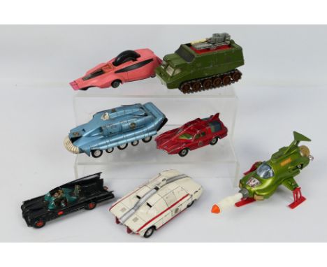 Dinky - Corgi - A group of 7 x TV related vehicles, Batmobile with red Bat wheels # 267, UFO Shado 2 # 353, UFO Interceptor w