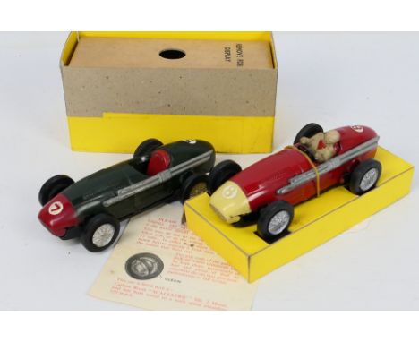 Scalextric - Tinplate - 2 x 1950s tinplate Maserati 250F models, one in red and one in green # C51. Both appear in Good to Ve