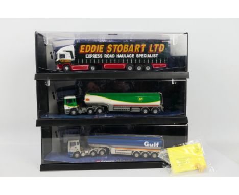 Corgi - Three boxed Corgi 1:50 scale diecast ERF 'Modern Trucks'. Lot consists of #75103 ERF Tanker 'BP; #75201 ERF Curtainsi