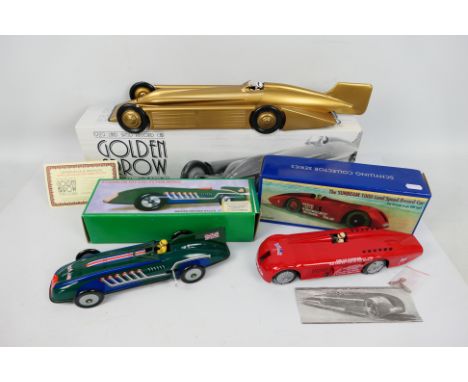 Schylling - St.John - 3 x boxed tinplate Speed Record cars including Golden Arrow and the Sunbeam 1000 HP. They appear Mint i