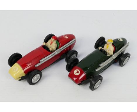 Scalextric - Tinplate - 2 x unboxed tinplate Maserati 250F models, one in red and one in green # C51. Both appear in Very Goo