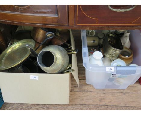 Various copper kitchenwares, including saucepans, other brass wares, stoneware bottles, and a tea service. 