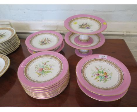Nine Royal Worcester plates, with pink borders and hand painted floral design centre, 23cm diameter, four similar low stands 