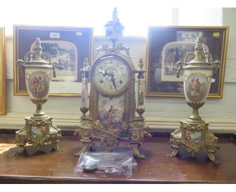 A French 19th century style clock garniture with porcelain panels, depicting Napoleonic figures, the German balance wheel mov