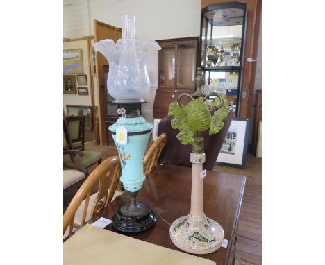 A late 19th century painted glass two light table lamp, the green glass shades over a pink and white paisley pattern stand, 5