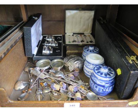 A cased set of EPNS coffee bean spoons, a cased condiment set marked Sterling silver, other collectable flatware and three ce