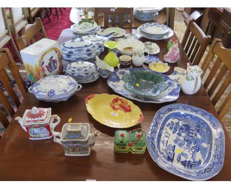 A Royal Worcester fruit design dish, 10 cm diameter, Carlton Ware leaf design dish, blue and white serving wares, and various