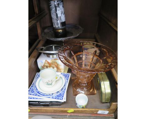 A Royal Copenhagen coffee cup and saucer, an Art Deco glass vase, two Delft tiles, and other items 