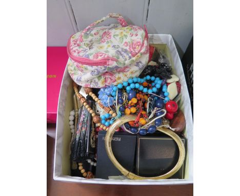 Box of costume jewellery with a Ronson lighter and small shovel 