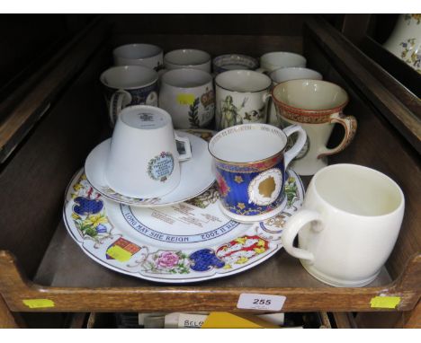Various commemorative mugs, including Burlington ware, Midwinter, and Mulberry Hall, a Foley China cup and saucer and an Ayns