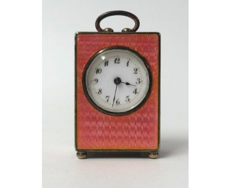 A fine French miniature silver and guilloche enamelled carriage clock, the base stamped 'Argent, 0.935', key wind movement, w