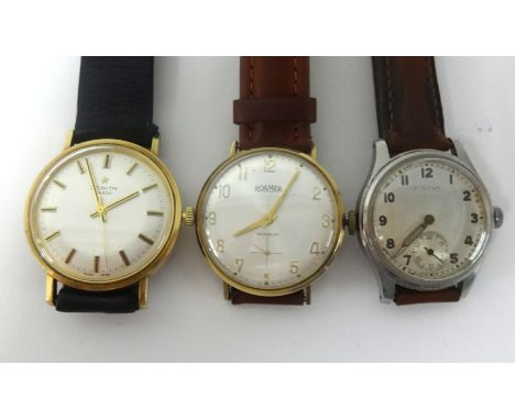 Three traditional gents watches Roma, Incabloc with gilt arabic numerals, Zenith 28800 with baton dials in gilt case and Eter