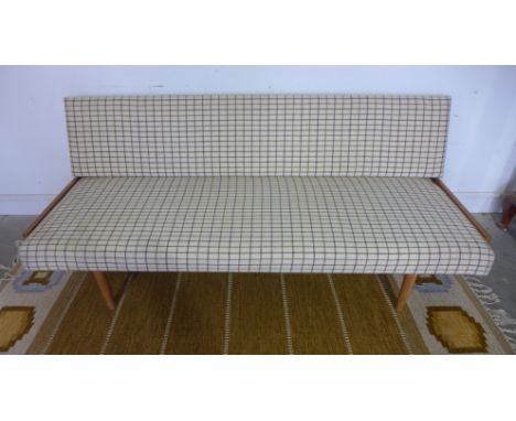 A vintage designer fabric upholstered Daybed by RE LET in light oak frame - 76cm x 91cm x 76cm please note this is  being sol